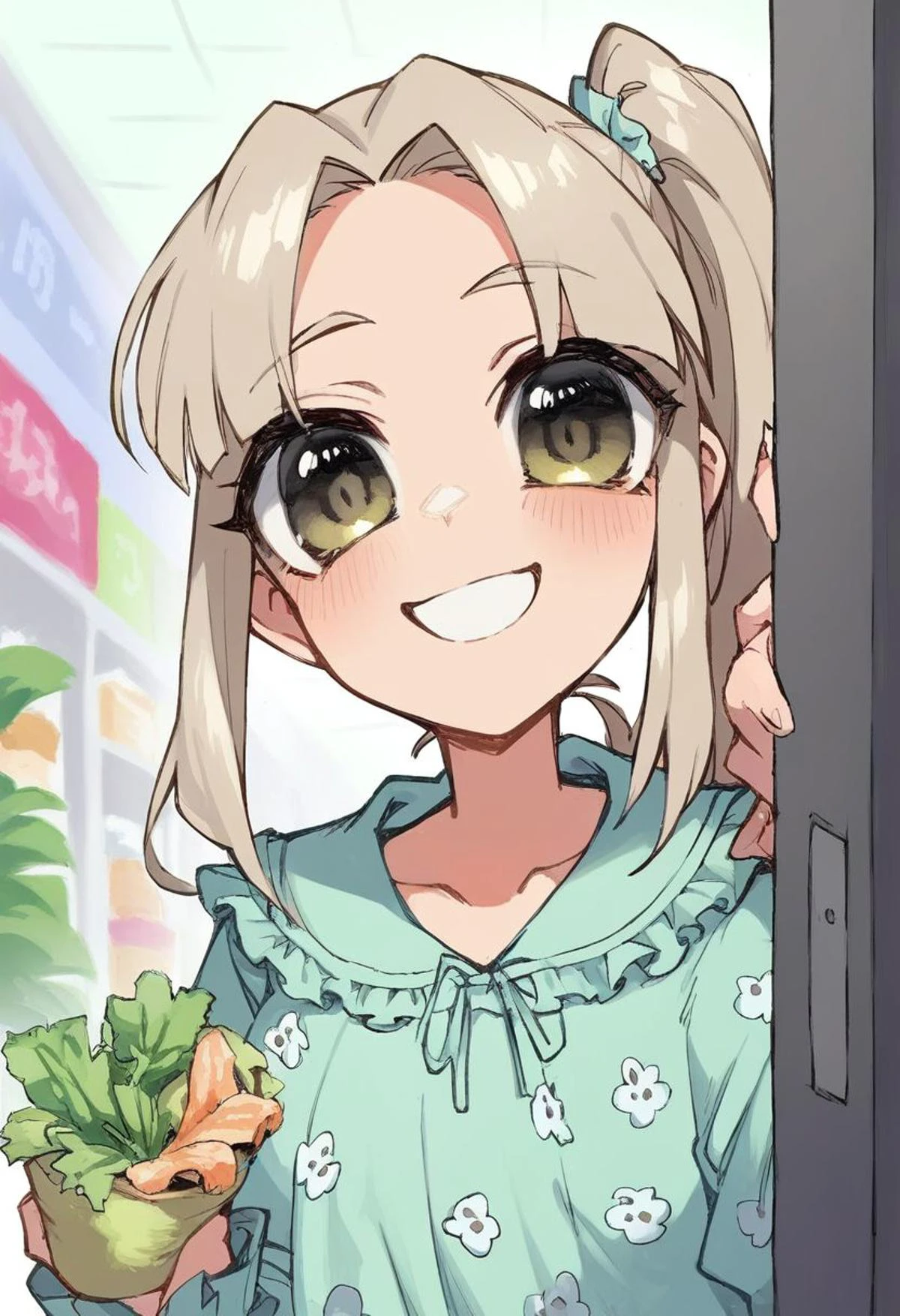 score_9, score_8_up, score_7_up, score_6_up, score_5_up, score_4_up, source_anime,
BREAK
1 girl (long hair, parted bang, side twintail, beige hair, sidelocks, a smile with one's eyes, olive eyes, jeweled eyes, upper body, race pajama, a happy smile,), looking at viewer, in doors, shopping mall, day,