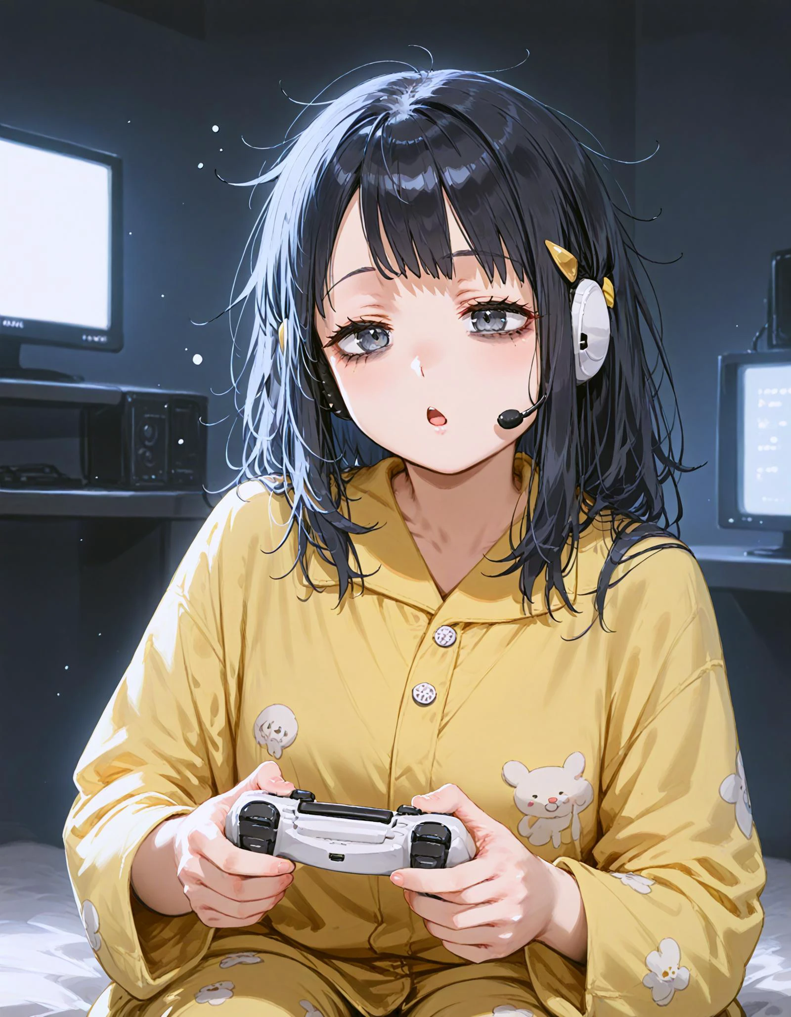 score_9, score_8_up, score_7_up, <lora:Hyper8:1> <lora:fixhands:1> source_anime, rating_safe BREAK 1girl,
akari \(pokemon\), black hair, grey eyes, yellow hairpin, wearing headset, microphone, <lora:pajams_Pony_V1.1:0.6> wearing pajamas, sleepy, yawning,messy hair,
<lora:controller_pony-000009:0.85> , monitor, playing game, holding controller, bags under eyes, tired, half-closed eyes, dark room
<lora:ponyRealistic_v1-gamma:-0.5>
<lora:2.5DRealistic:-0.5> <lora:sdxl-eye_kuma_01:2>
