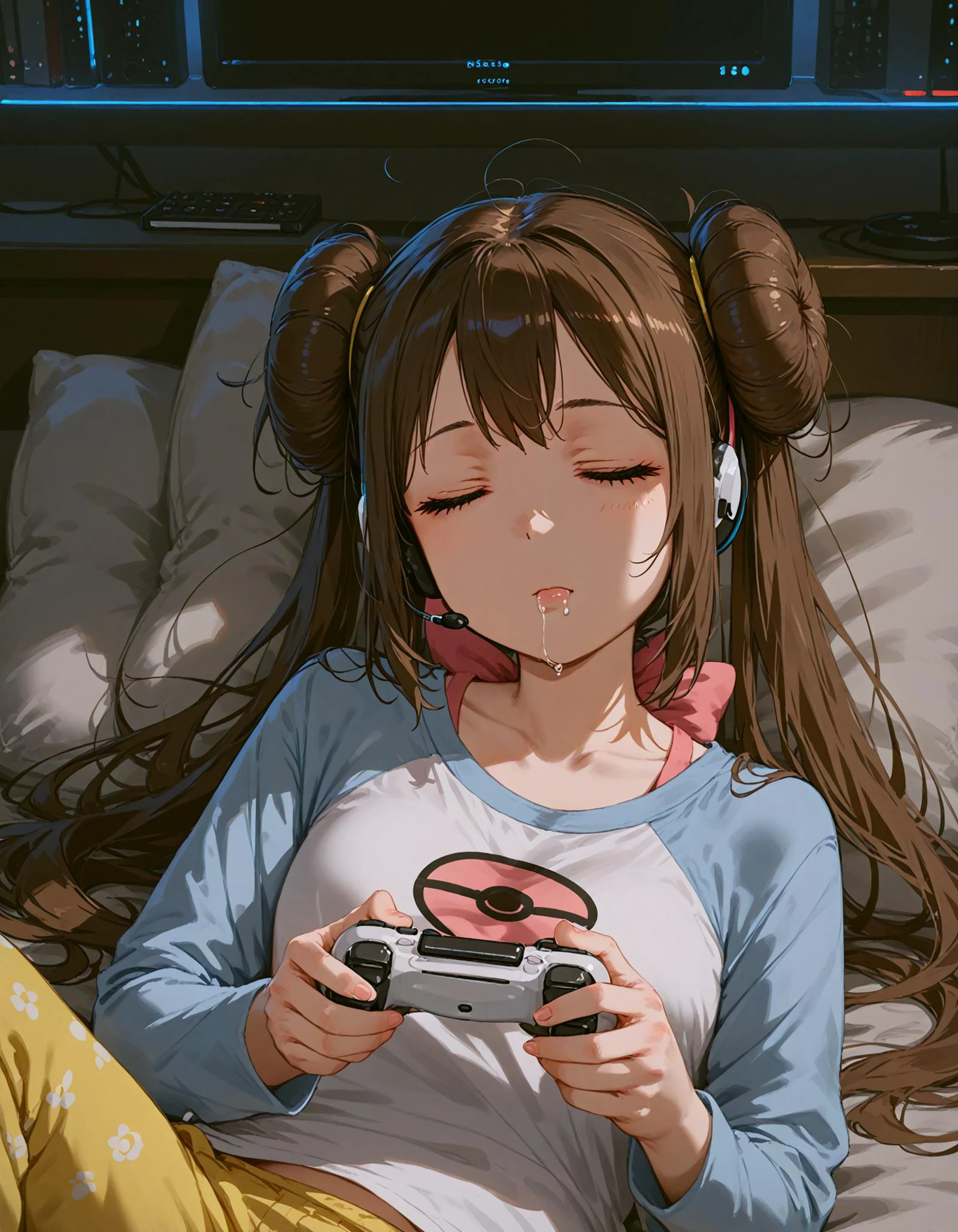 score_9, score_8_up, score_7_up, <lora:Hyper8:1> <lora:fixhands:1> source_anime, rating_safe BREAK 1girl,
rosa \(pokemon\), brown hair, blue eyes, wearing headset, <lora:pajams_Pony_V1.1:0.6> wearing pajamas, closed eyes, saliva, sleeping, drooling, yawning,messy hair, closed mouth, tilt head,
<lora:controller_pony-000009:0.7> , monitor, playing game, holding controller, bags under eyes, tired, half-closed eyes, dark room
<lora:ponyRealistic_v1-gamma:-0.3>
<lora:2.5DRealistic:-0.3> <lora:sdxl-eye_kuma_01:1.5>