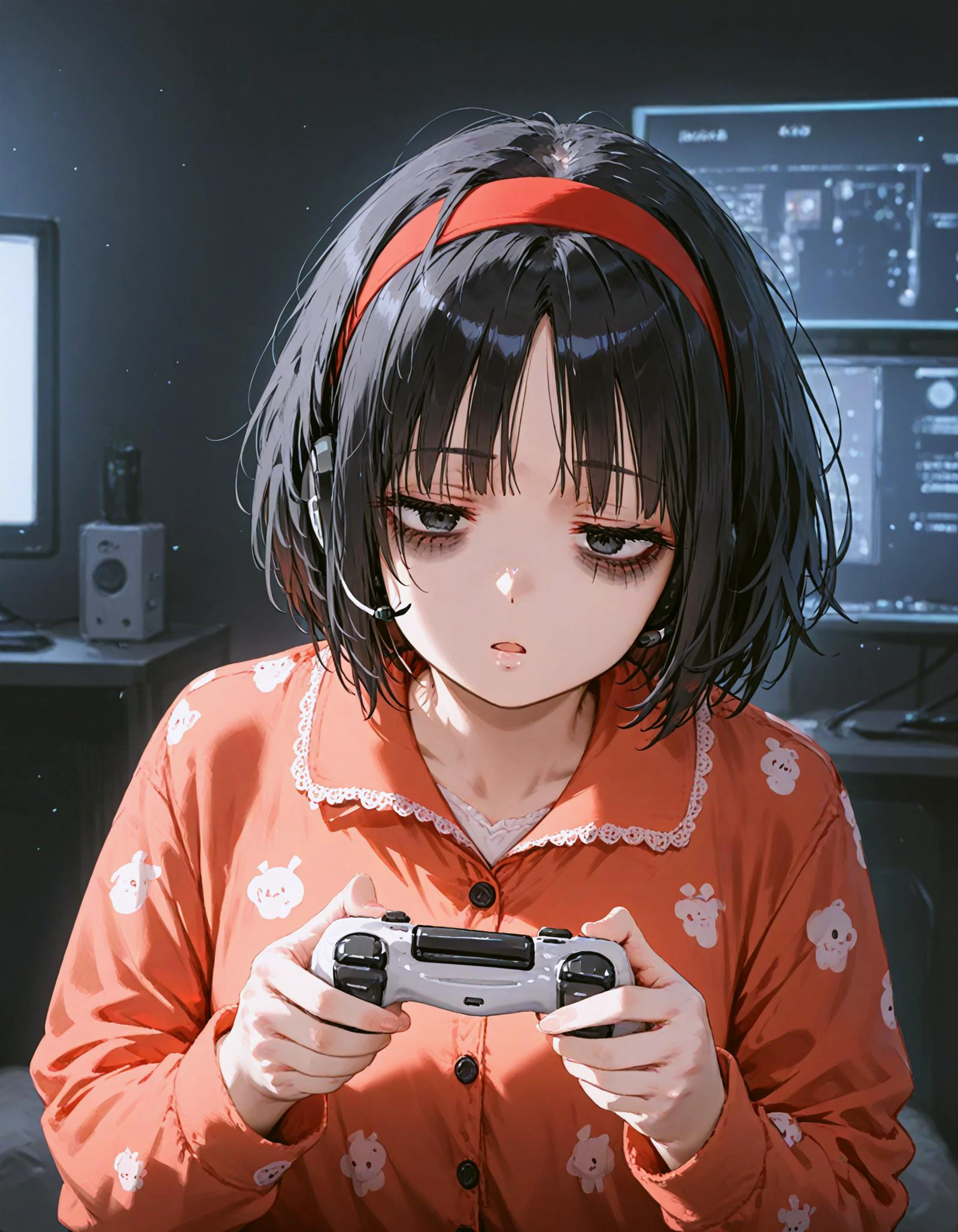 score_9, score_8_up, score_7_up, <lora:Hyper8:1> <lora:fixhands:1> source_anime, rating_safe BREAK 1girl,
erika \(pokemon\), black hair, bob cut hair, red hairband, black eyes, wearing headset, <lora:pajams_Pony_V1.1:0.6> wearing pajamas, sleepy, yawning,messy hair,
<lora:controller_pony-000009:0.85> , monitor, playing game, holding controller, bags under eyes, tired, half-closed eyes, dark room
<lora:ponyRealistic_v1-gamma:-0.5>
<lora:2.5DRealistic:-0.5> <lora:sdxl-eye_kuma_01:2>