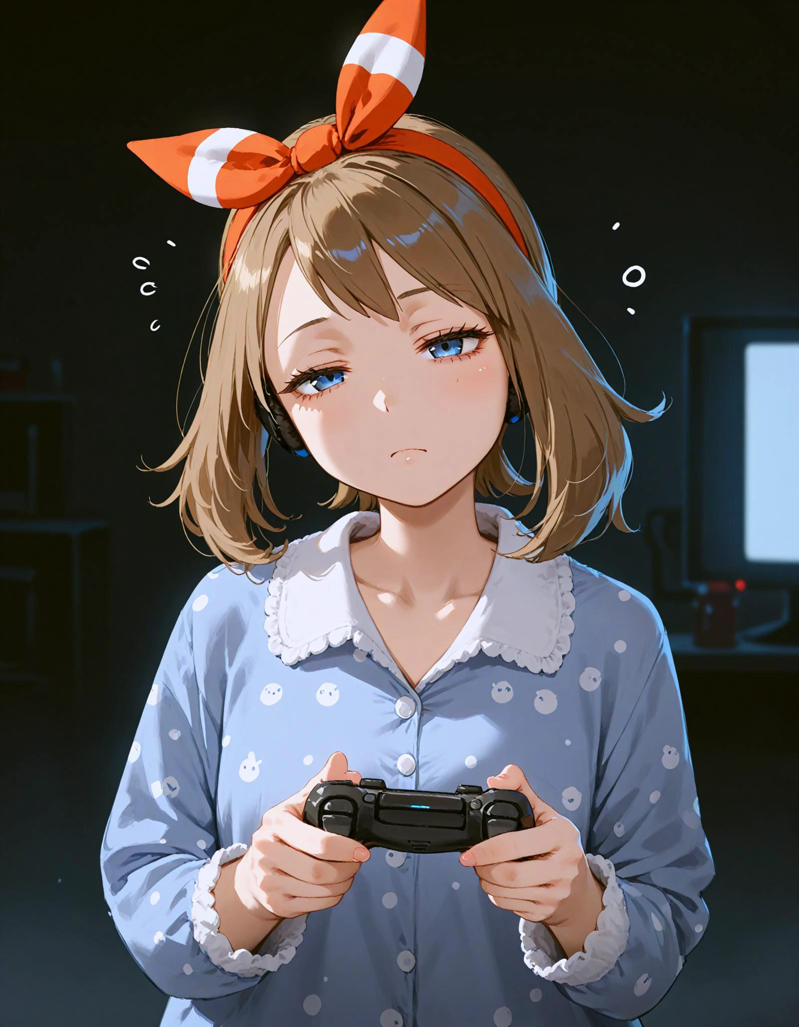 score_9, score_8_up, score_7_up, <lora:Hyper8:1> <lora:fixhands:1> source_anime, rating_safe BREAK 1girl,
may \(pokemon\), brown hair, blue eyes, wearing headset, <lora:pajams_Pony_V1.1:0.6> wearing pajamas, sleepy, yawning,
<lora:controller_pony-000009:0.85> , monitor, playing game, holding controller, bags under eyes, expressionless, tired, half-closed eyes, dark room
<lora:ponyRealistic_v1-gamma:-0.5>
<lora:2.5DRealistic:-0.5>