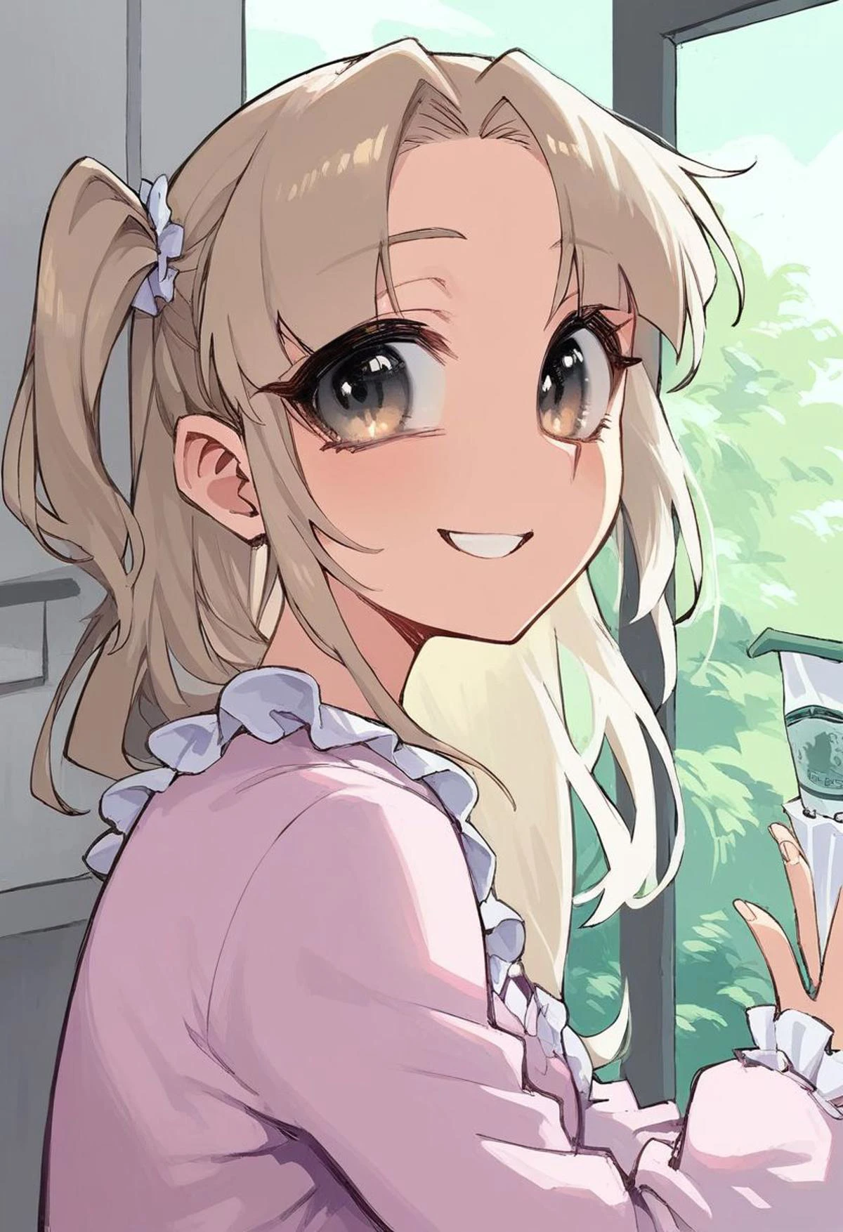 score_9, score_8_up, score_7_up, score_6_up, score_5_up, score_4_up, source_anime,
BREAK
1 girl (long hair, parted bang, side twintail, beige hair, sidelocks, a smile with one's eyes, olive eyes, jeweled eyes, upper body, race pajama, a happy smile,), looking at viewer, in doors, shopping mall, day,