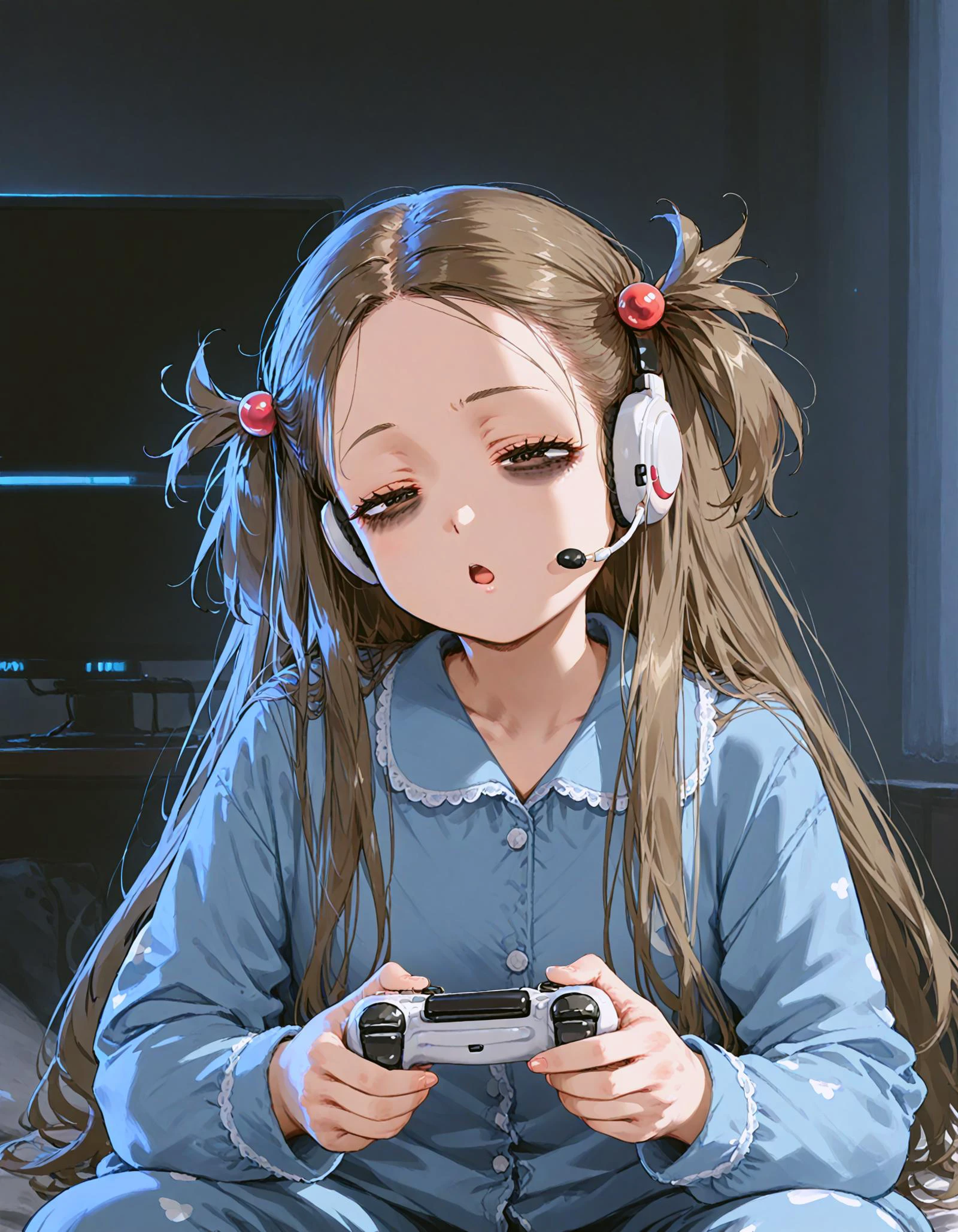 score_9, score_8_up, score_7_up, <lora:Hyper8:1> <lora:fixhands:1> source_anime, rating_safe BREAK 1girl,
jasmine \(pokemon\), grey brown hair, very long hair, no headwear, hair bobbles, short two side up, hair up, wearing headset, <lora:pajams_Pony_V1.1:0.6> wearing pajamas, sleepy, yawning,messy hair,
<lora:controller_pony-000009:0.85> , monitor, playing game, holding controller, bags under eyes, tired, half-closed eyes, dark room
<lora:ponyRealistic_v1-gamma:-0.5>
<lora:2.5DRealistic:-0.5> <lora:sdxl-eye_kuma_01:2>