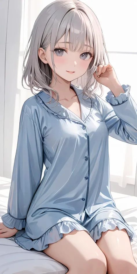 masterpiece,ultra-detailed,best quality,8K,illustration,cute face,clean skin ,shiny hair,woman,middle breasts,simple background,
 <lora:add-detail-xl:1> <lora:pajamas_XL_V1.0:1> jyojifuku, pajamas,dress,skirt,frills