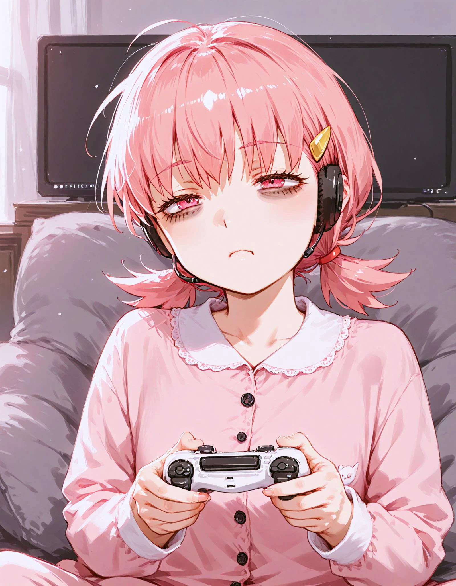 score_9, score_8_up, score_7_up, <lora:Hyper8:1> <lora:fixhands:1> source_anime, rating_safe BREAK 1girl,
whitney \(pokemon\), pink eyes, pink hair, low twintails, short twintails, hairclip, wearing headset, <lora:pajams_Pony_V1.1:0.6> wearing pajamas, sleepy, yawning,messy hair,
<lora:controller_pony-000009:0.85> , monitor, playing game, holding controller, bags under eyes, tired, half-closed eyes, dark room
<lora:ponyRealistic_v1-gamma:-0.5>
<lora:2.5DRealistic:-0.5> <lora:sdxl-eye_kuma_01:2>