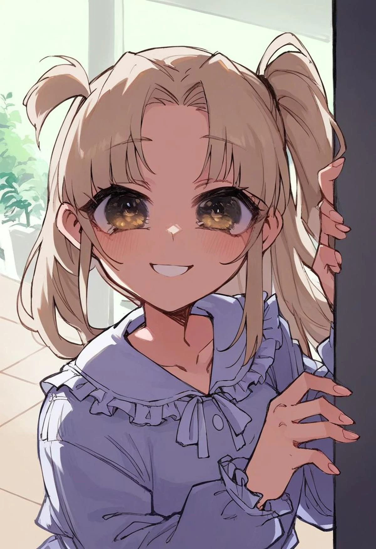 score_9, score_8_up, score_7_up, score_6_up, score_5_up, score_4_up, source_anime,
BREAK
1 girl (long hair, parted bang, side twintail, beige hair, sidelocks, a smile with one's eyes, olive eyes, jeweled eyes, upper body, race pajama, a happy smile,), looking at viewer, in doors, shopping mall, day,