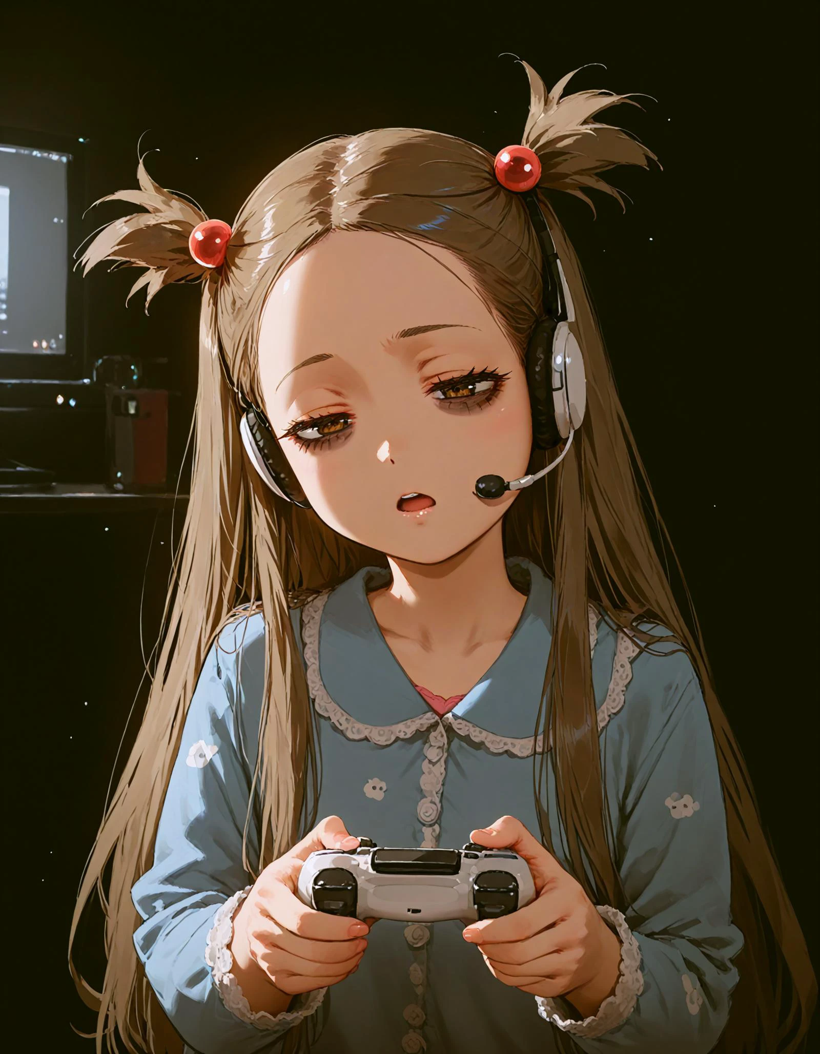 score_9, score_8_up, score_7_up, <lora:Hyper8:1> <lora:fixhands:1> source_anime, rating_safe BREAK 1girl,
jasmine \(pokemon\), grey brown hair, very long hair, no headwear, hair bobbles, short two side up, hair up, wearing headset, <lora:pajams_Pony_V1.1:0.6> wearing pajamas, sleepy, yawning,
<lora:controller_pony-000009:0.85> , monitor, playing game, holding controller, bags under eyes, tired, half-closed eyes, dark room
<lora:ponyRealistic_v1-gamma:-0.5>
<lora:2.5DRealistic:-0.5> <lora:sdxl-eye_kuma_01:2>