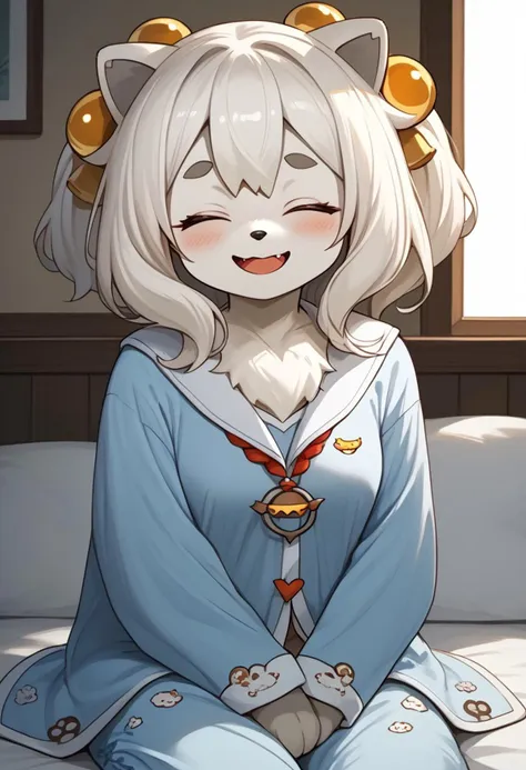 score_9, score_8_up, score_7_up, (absurdres), (highest_quality), (masterpiece), fini_(world_flipper), furry, kemono, anthro, 1girl, solo, female, white hair, white fur, smiling, closed eyes, young, open mouth, small breasts, alternate outfit, jyojifuku, pajamas