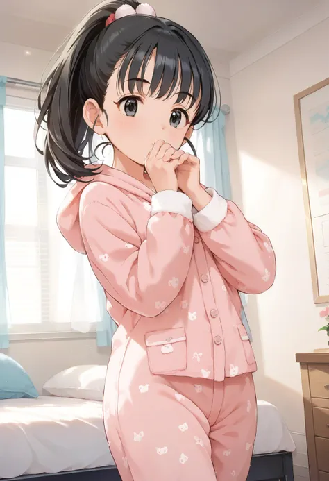 score_9, score_8_up, score_7_up, source_anime,masterpiece, best quality, high_resolution,8k,Perfect features, intricate details,Ray Tracing,nsfw,
1girl,petite,short stack,curvy,fukuyama mai, black hair, black eyes,ponytail,  jyojifuku, pajamas , hood,Happy, closed eyes,,reaching,bedroom,indoors,,Low angle (from the side) view Close shot (focus on chest)
<lora:Fukuyama_Mai-73:0.7> ,<lora:jyoji formal_Pony_V1.0:0.6> , <lora:pajamas_pony_V2.0:0.8>