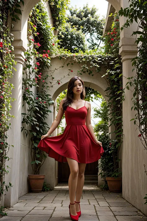 solo female acting in courtyard, red dress, legs, (greenery:0.3), (jewelry:0.3),angle view
<lora:lcm_lora_sd15:1>
<lora:Background_Detail_v3:0.5>