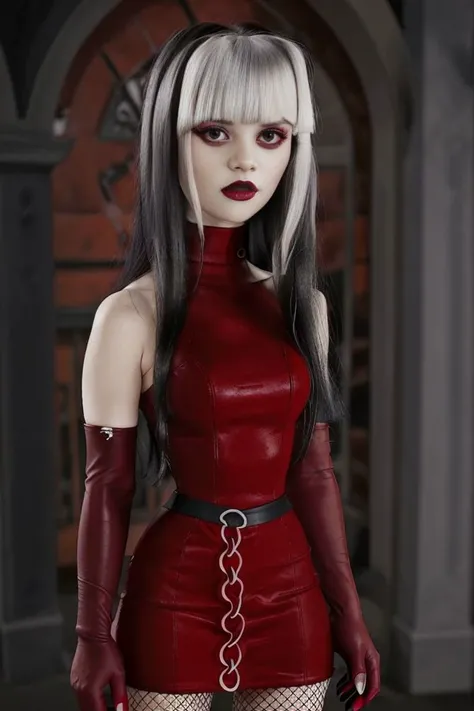 goth, blunt bangs, long hair, red eyes, makeup, fishnets, knee boots, red dress, elbow gloves, Crimson_Total_Drama, <lora:CitronLegacy-Crimson_Total_Drama:0.85>