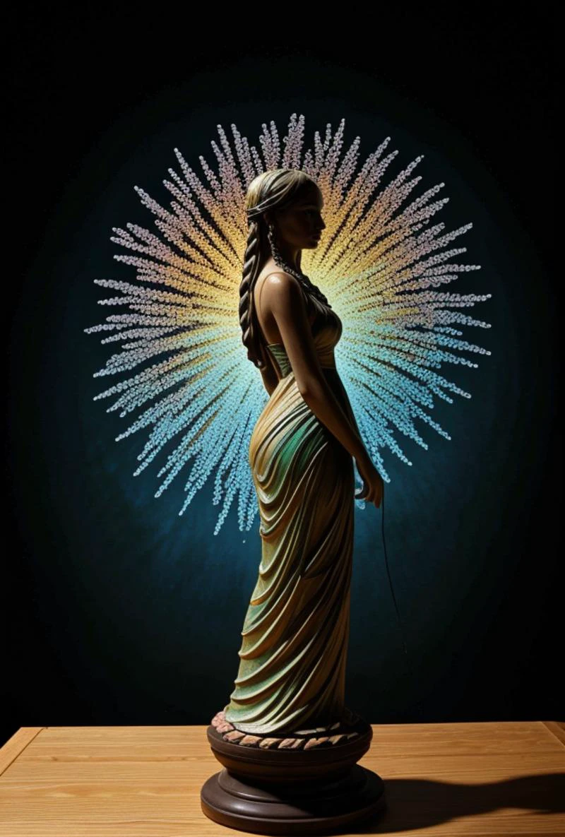 (close up of a grave statue figurine on a table, inspired by Quirizio di Giovanni da Murano, cloisonnism, realistic glass sculpture, 84mm), closeup photo, h 7 0 4, version 3, 1/320, glass flowers, high quality product image , coral reef, flora and fauna, cosmic nebula, dark background christian dior style, with frozen flowers around her, stunning-design, beutifull, side profile artwork, glass figurines, multicoloured, displayed, backlight
<lora:Better_Details:0.6>
<lora:epiC35mm:0.6> epiC35mm
<lora:LCM_1-5:0.7>
<lora:ContrastControl:1.3>
<lora:Colortone_Slider:1.8> bright color