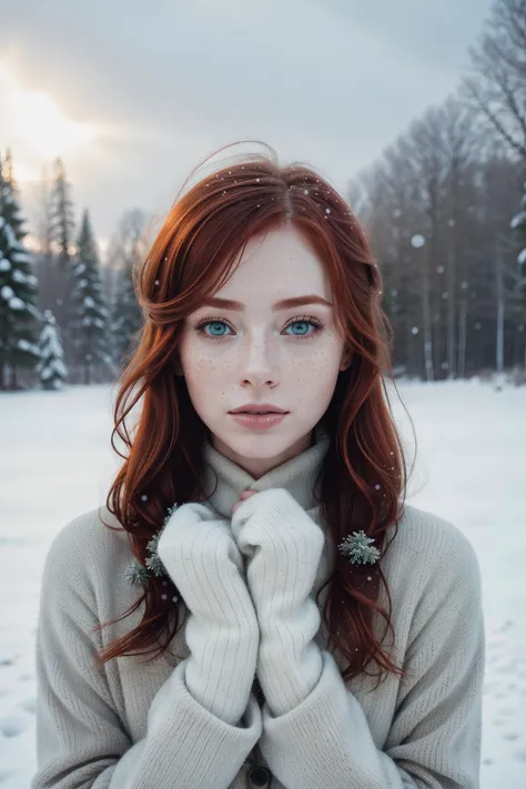 candid, 1woman,sad redhead,light freckles,snow on hair, dreamy haze,light clothes,gloves, winter wonderland, snow storm, god rays,nature, instant photo,realistic ,pastel, soft light, dark skies,Lomochrome color film, perfect face, perfect symetrical detailed green eyes, beauty marks,