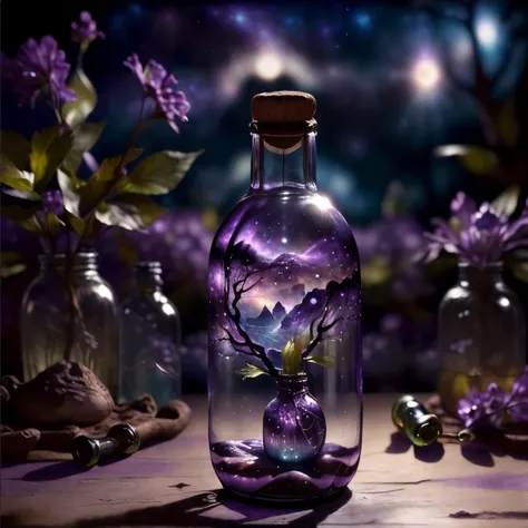 (masterpiece),(extremely intricate:1.3),(realistic:1.4),(Round glass bottle:1.4),(Dusk magic garden background:1.6),(purple galaxy in the bottle:1.8),(ecstasy of light and shadow, volumetric light and shadows:1.3),(contest winner photo by lee jeffries, greg rutkowski and magali villanueve),