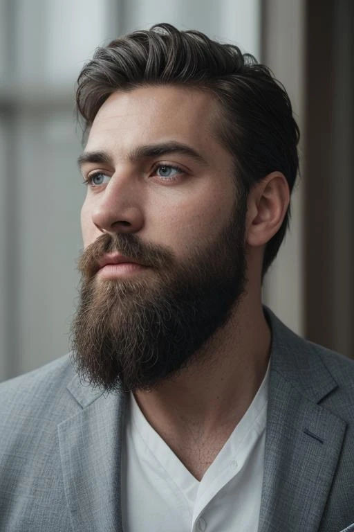 <lora:polyhdron_all_in_one_eyes_hands_skin_fin:0.2> RAW photo, portrait of a beautiful man with a beard in a grey suite, full sharp, detailed face, blue eyes, (high detailed skin:1.2), 8k uhd, dslr, soft lighting, high quality, film grain, Fujifilm XT3