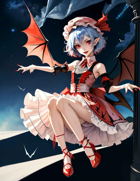slit pupils, layered dress, red nails, shoes, looking at viewer, fang, red footwear, heart, fingernails, white headwear, detached collar, sharp fingernails, pointy ears, blue hair, bat \(animal\), 1girl, mary janes, sky, detached sleeves, leg ribbon, fang out, red eyes, dutch angle, hat, frills, charm \(object\), arm up, frilled skirt, smile, ribbon, strapless dress, night sky, full body, column, star \(sky\), bat wings, hair between eyes, short hair, skirt, pillar, beret, ankle ribbon, hat ribbon, night, floating, wings, solo, nail polish, strapless, cloud, starry sky, remilia scarlet, dress <lora:remilia-koumajoudensetsu:0.6>