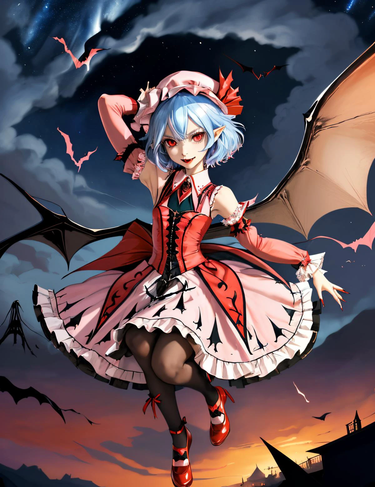 slit pupils, layered dress, red nails, shoes, looking at viewer, fang, red footwear, heart, fingernails, white headwear, detached collar, sharp fingernails, pointy ears, blue hair, bat \(animal\), 1girl, mary janes, sky, detached sleeves, leg ribbon, fang out, red eyes, dutch angle, hat, frills, charm \(object\), arm up, frilled skirt, smile, ribbon, strapless dress, night sky, full body, column, star \(sky\), bat wings, hair between eyes, short hair, skirt, pillar, beret, ankle ribbon, hat ribbon, night, floating, wings, solo, nail polish, strapless, cloud, starry sky, remilia scarlet, dress <lora:remilia-koumajoudensetsu:0.6>