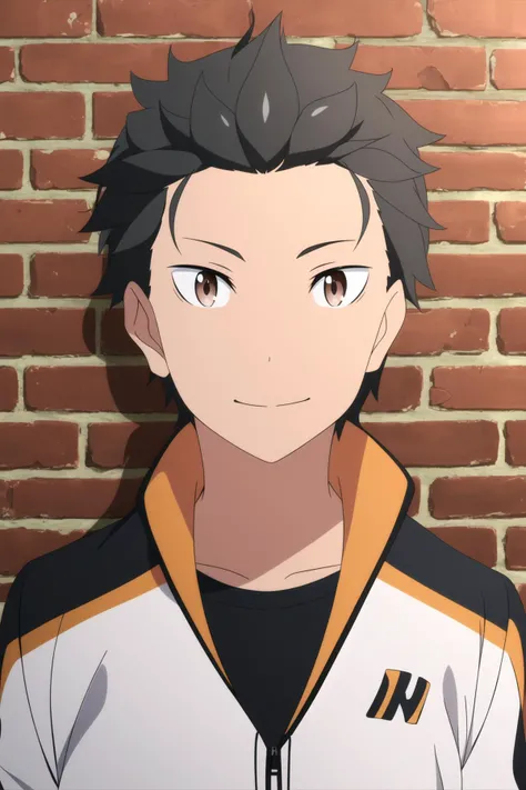 masterpiece, best quality, subaru_natsuki, 1boy, portrait, looking at viewer, upper body, against wall, brick wall, black hair,, brown eyes, light smile, track jacket,