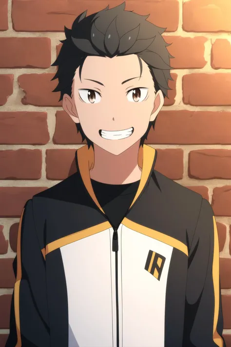 masterpiece, best quality, subaru_natsuki, 1boy, portrait, looking at viewer, upper body, against wall, brick wall, black hair,, brown eyes, grin, track jacket,