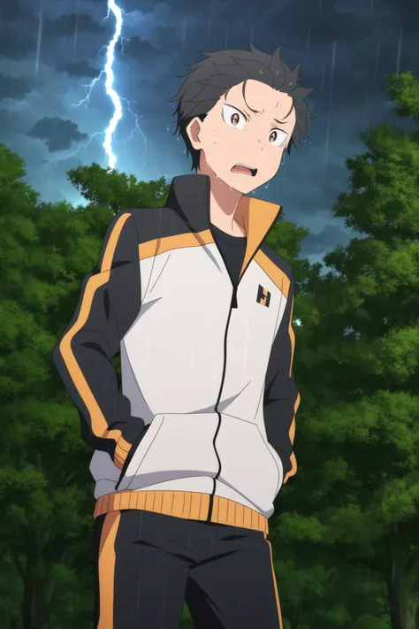 masterpiece, best quality, subaru_natsuki, 1boy, hands in pockets, upper body, black hair, brown eyes, constricted pupils, (panic, scared, trembling), track jacket, track pants, (night sky, rain, lightning, forest, tree, fantasy),
