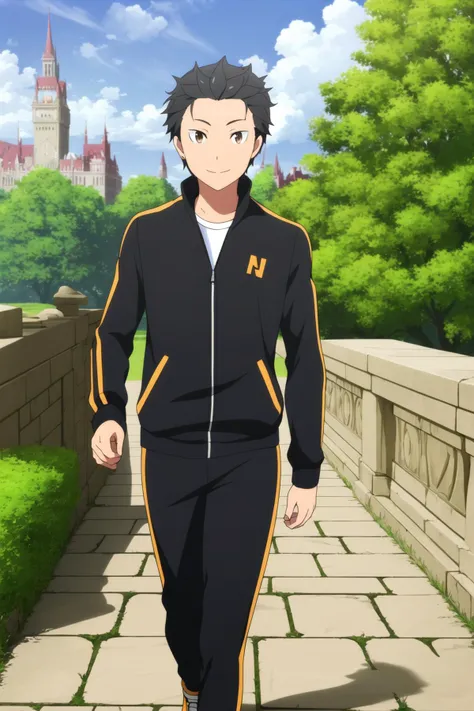 masterpiece, best quality, subaru_natsuki, 1boy, walking, upper body, looking at viewer, black hair, brown eyes, light smile, track jacket, track pants, tree, flower, fantasy, castle, stone walkway, sky,