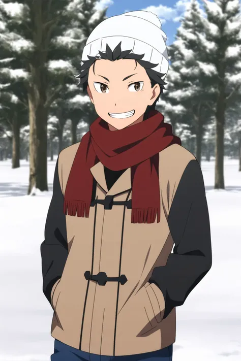 masterpiece, best quality, subaru_natsuki, 1boy, standing, upper body, looking at viewer, black hair, beanie, brown eyes, grin, winter coat, red scarf, blue pants, hands in pockets, park, snow, tree,