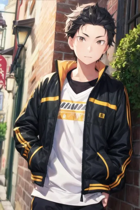 masterpiece, best quality, illustration, 1boy, solo, male focus, looking at viewer, , , <lora:subaru_natsuki:0.68>, subaru_natsuki, black hair, brown eyes, jacket