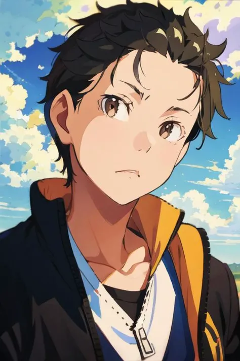 masterpiece, best quality, , 1boy, solo, male focus, looking at viewer, , , <lora:subaru_natsuki:0.74>, subaru_natsuki, black hair, brown eyes,