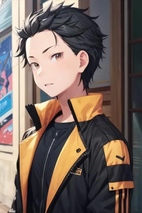 masterpiece, best quality, illustration, 1boy, solo, male focus, looking at viewer, , , <lora:subaru_natsuki:0.74>, subaru_natsuki, black hair, brown eyes, jacket