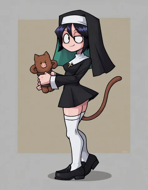 zPDXL, score_9, score_8_up, score_7_up, source_anime,
1girl, solo, smirk, (horns_pose), nun wearing sage green habit with a veil and long-sleeves, mini skirt, white stockings, traditional nun's coif, black loafers, holding a worn leather-bound Bible, <lora:Parsleah_v1:0.8> parsleahbase, black hair, short hair, black eyes, (monkey tail), small breasts, brown tail,,
<lora:valbun_v2:0.9> valbun,