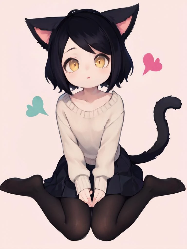 (illustration), (masterpiece:1.2), (best quality:1.2), 1girl, solo, looking at viewer, BREAK
 <lora:valbun:0.8> valbun, <lora:Qitten:0.8> qitten, animal ears, cat ears, (miqo'te), [face marking] black hair, short hair, yellow eyes, slit pupils, flat chest, ***********, child, cat eyes, tail, BREAK
sweater, long skirt, pantyhose, looking at viewer, no shoes, BREAK