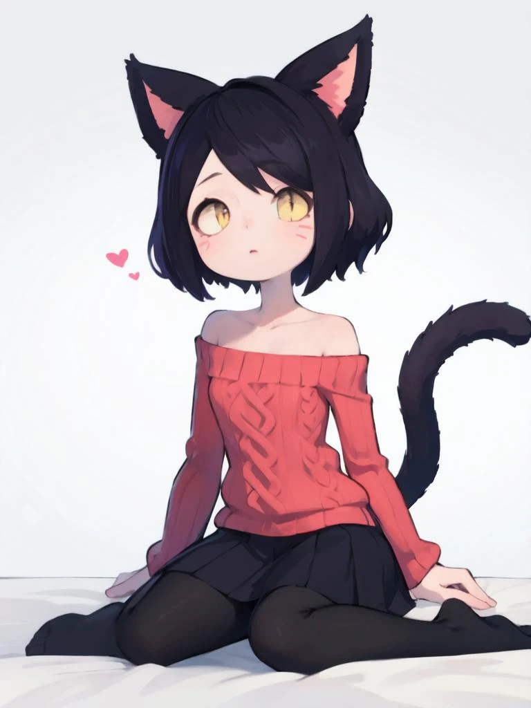 (illustration), (masterpiece:1.2), (best quality:1.2), 1girl, solo, looking at viewer, BREAK
 <lora:valbun:0.8> valbun, <lora:Qitten:0.8> qitten, animal ears, cat ears, (miqo'te), [face marking] black hair, short hair, yellow eyes, slit pupils, flat chest, ***********, child, cat eyes, tail, BREAK
sweater, long skirt, pantyhose, looking at viewer, no shoes, BREAK