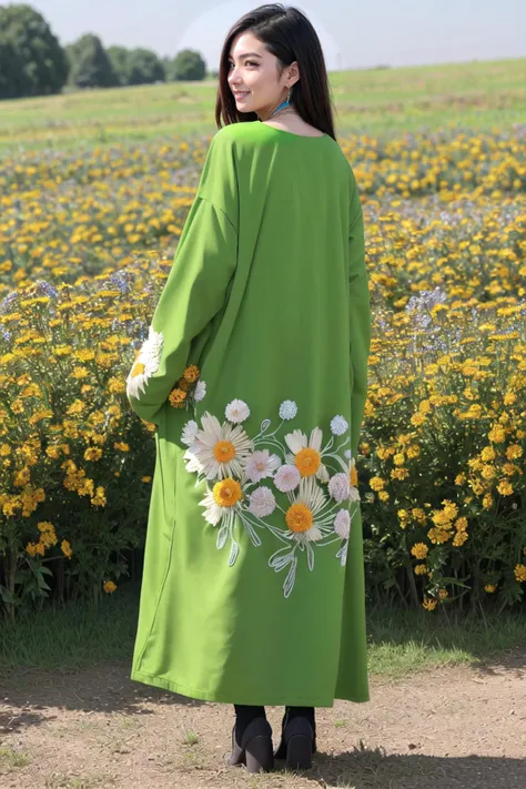 <lora:wrenchphrn-10:0.6>, 1girl, wearing an (oversized:1.2) blue wrenchphrn, embroidery, jewelry, full body, light smile, (road:1.3), jewelry, full body, light smile, closed mouth, jewelry, from behind