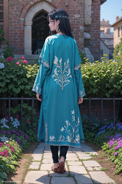 <lora:wrenchphrn-10:0.6>, 1girl, wearing an (oversized:1.2) blue wrenchphrn, embroidery, jewelry, full body, light smile, (garden:1.3), jewelry, full body, light smile, closed mouth, jewelry, from behind