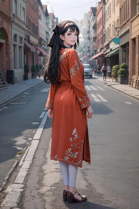 <lora:wrenchphrn-10:0.6>, 1girl, wearing an (oversized:1.2) white wrenchphrn, embroidery, jewelry, full body, light smile, (orchard:1.3), jewelry, full body, light smile, closed mouth, jewelry, from behind <lora:elie-nvwls-v2-zero:0.8> elie macdowell, green eyes, hairband, hair ribbon