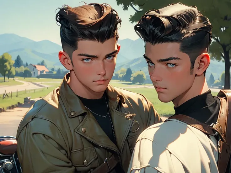absurdres,masterpiece,ultra-fine painting,sharp focus,extreme detail description,male focus,muscular,(((art by Jean-Baptiste Carpeaux))),abs, A young guy with a classic pompadour hairstyle, riding a vintage motorcycle through a rustic countryside. The scene is nostalgic and picturesque, capturing the essence of a bygone era. ((Young guy, pompadour hairstyle)), vintage motorcycle, rustic countryside, (nostalgic, picturesque).