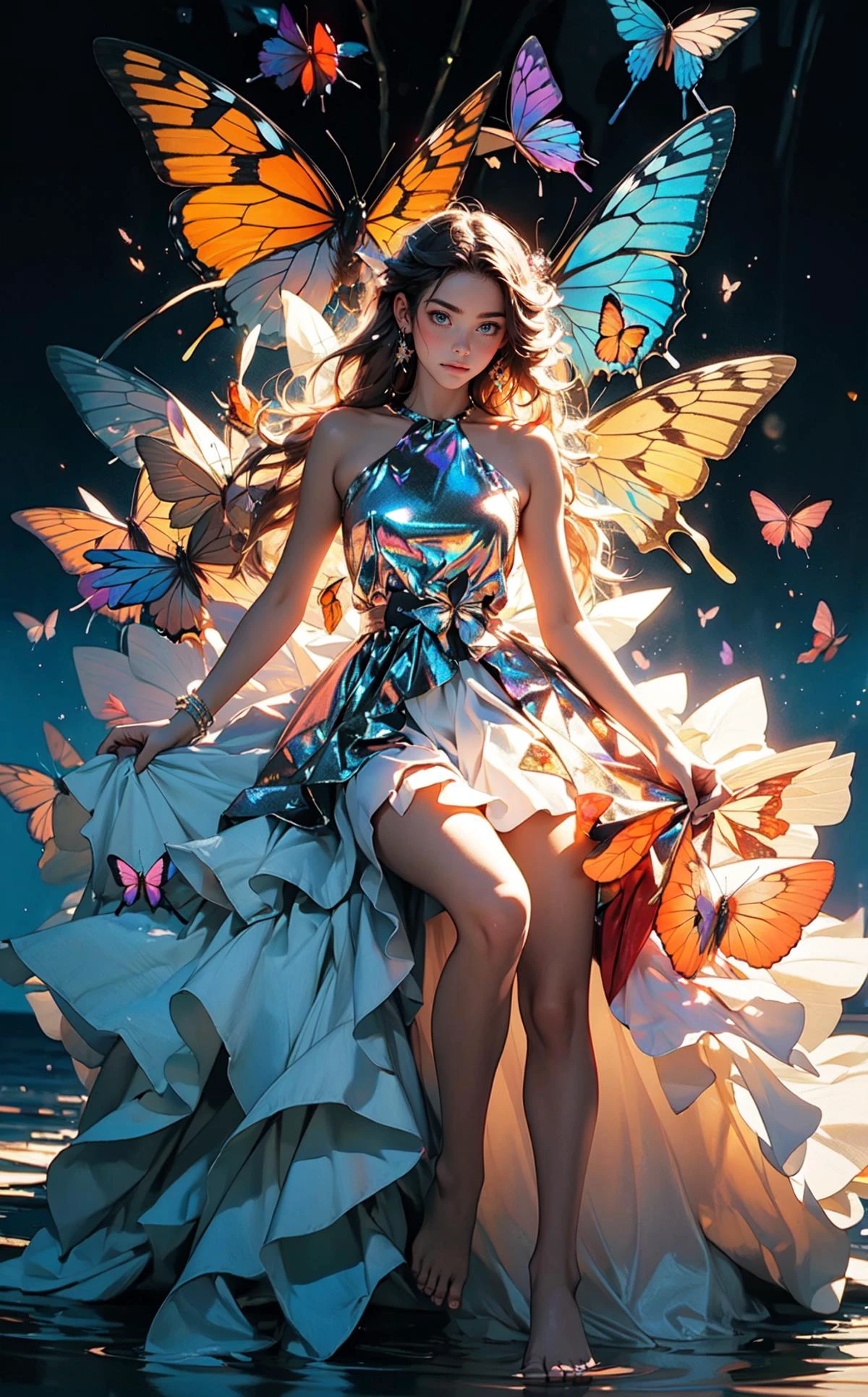 <lora:æ»åå
æ³½Gloss_Tweaker_V2>,butterfly,masterpiece,best quality,absurdres,watercolor,1girl,long hair,dress,sleeveless,barefoot,bare shoulders,cloud,sky,water,rainbow,<lora:Clothholov7:0.5>, holographic,holographic clothing,