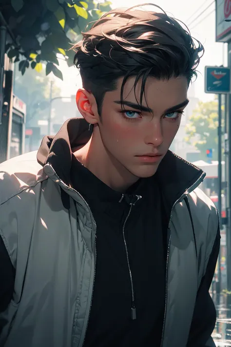 absurdres,masterpiece,highres,intricately detailed,a gay man,sexy,muscular,strutting outdoors,gorgeous eyes,detailed face,pouring rain,outdoors,global illumination,subsurface scattering,