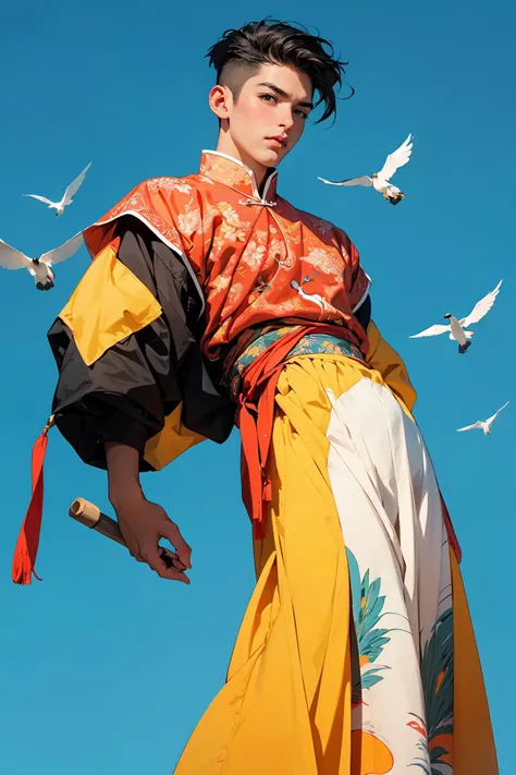 1boy, ((Realistic Style,)), best quality, red, bright yellow, BRIGHT BLUE, china_dress, pattern, shape, retro pattern, flower and bird pattern, shape background, fan, hillock pattern, bird, red-crowned crane, color block background, carving, retroflex pattern, catchlight,
