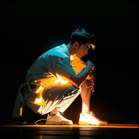 1boy,maid,kneeling,glowing neon lights,Cinematic Lighting,in summer,jail_bars,, ((masterpiece)),((best quality:1.2)),High Resolution,8k,(ultra_realistic:1.3),(photorealistic:1.4),sharp focus,detailed background,depth of field,