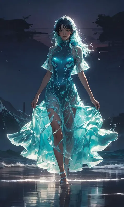 1girl,solo,light_blue_hair,liquid hair,absurdly long hair,  long hair,floating hair, full body, standing,sundress, liquid clothes, water,waves, tsunami,tide,sea,water dress, mature female,  <lora:LiquidClothesV2:1> liquid clothes, water <lora:EF-Light and Shadow:0.5> <lora:EF-LowRA:0.5> dark theme  <lora:CL-bioluminescent_dress-1.0:0.5> bioluminescent dress <lora:ST-IrisCompietStyle:0.5> IrisCompiet, (watercolor \(medium\) <lora:EF-Painted_poster_V1:0.5> Painted poster, 1girl, 1boy<lora:EF-GoodHands-beta2:0.5><lora:EF-GoodHands-beta2:0.5>