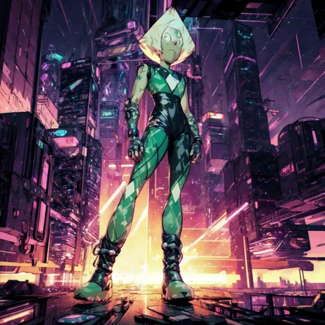 <lora:Peridot-10:1> Peridot, leotard Peridot, leotard, triangle hair, robotic gauntlets, limb enhancers, limb enhancement fingers, perfect face, leather punk boots, <lora:CyberpunkStyleV3:.8> PunkAI, intricate cyberpunk city background, space station wreckage, <lora:hotarublurbk_v100:-1> <lora:add_detail:1.2>, dynamic angle, sunset, reflective geometry, full body powerful pose, <lora:Peridot:.6>, neon background colors, intricate control panel background, wide hips,  <lora:ç¼çå:.7>