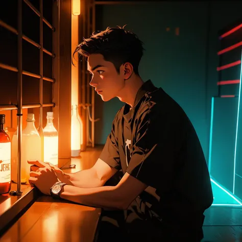 1boy,maid,kneeling,glowing neon lights,Cinematic Lighting,in summer,jail_bars,, ((masterpiece)),((best quality:1.2)),High Resolution,8k,(ultra_realistic:1.3),(photorealistic:1.4),sharp focus,detailed background,depth of field,