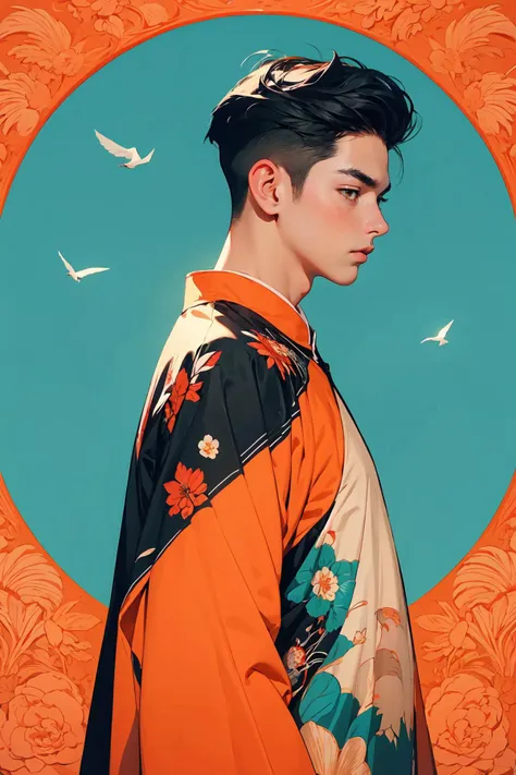 1boy, ((Realistic Style,)), best quality, red, bright yellow, BRIGHT BLUE, china_dress, pattern, shape, retro pattern, flower and bird pattern, shape background, fan, hillock pattern, bird, red-crowned crane, color block background, carving, retroflex pattern, catchlight,