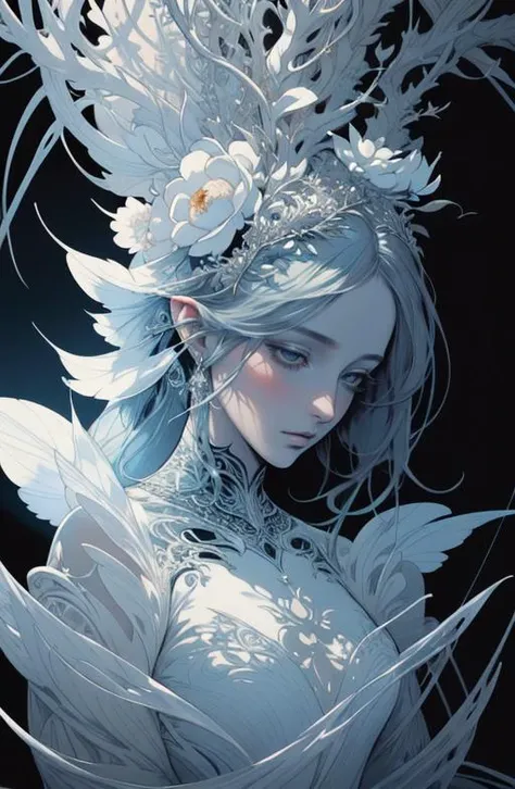 style of Aaron Horkey & Anne Bachelier fusion, Poster close-up, A delicate (tiny woman:0.8), illuminated by a (fast light void:1.5) revealing her intricate details and hidden beauty in a surreal landscape filled with (ethereal flora:1.2), high detail, high res