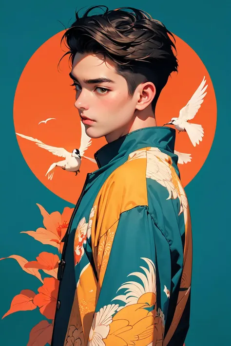 1boy, ((Realistic Style,)), best quality, red, bright yellow, BRIGHT BLUE, china_dress, pattern, shape, retro pattern, flower and bird pattern, shape background, fan, hillock pattern, bird, red-crowned crane, color block background, carving, retroflex pattern, catchlight,