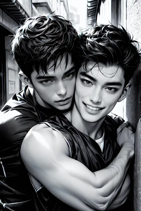 Anime style, oil painting, in the style of Caravaggio, a young man Sergey Samodelkin Hugging with a American football players. handsome young man 18 years old, daring look, nudeboy, visible thong strings Lace of underwear, full length, no outerwear, aesthetics of the male body, big hips, full height