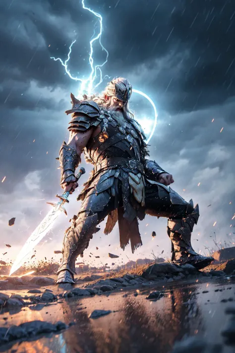 Epic CG masterpiece, "Odin" in battle armor came like a god The dancing long knife, charging forward battlefield, the burst meteor, the fierce battle of fighting with his life, God Odin raised his spear and looked down on all living beings in a rainy night, graphic tension, dynamic poses, stunning colors, 3D rendering, surrealism, cinematic lighting effects, realism, 00 renderer, super realistic, 8k, HD, <lora:绪å¿-æå¥¥ä¸æé·_v1.0:0.8>,