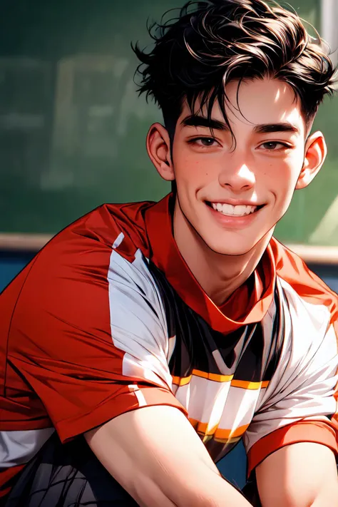 Two ((men)), a handsome male teacher with short black hair in sports clothes, a sunny and cheerful male student with short black hair in student clothes, fresh, lovers, smile, sunshine, Half body, front, detailed-beautiful-face, <lora:add_detail:1>, <lora:Jumppainting 漫é£_v1.0:0.8>,