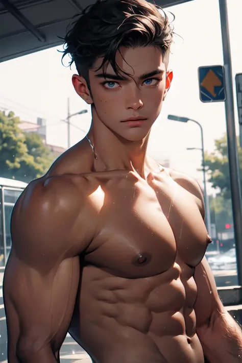 absurdres,masterpiece,highres,intricately detailed,a gay man,sexy,muscular,strutting outdoors,gorgeous eyes,detailed face,pouring rain,outdoors,global illumination,subsurface scattering,upper_body,